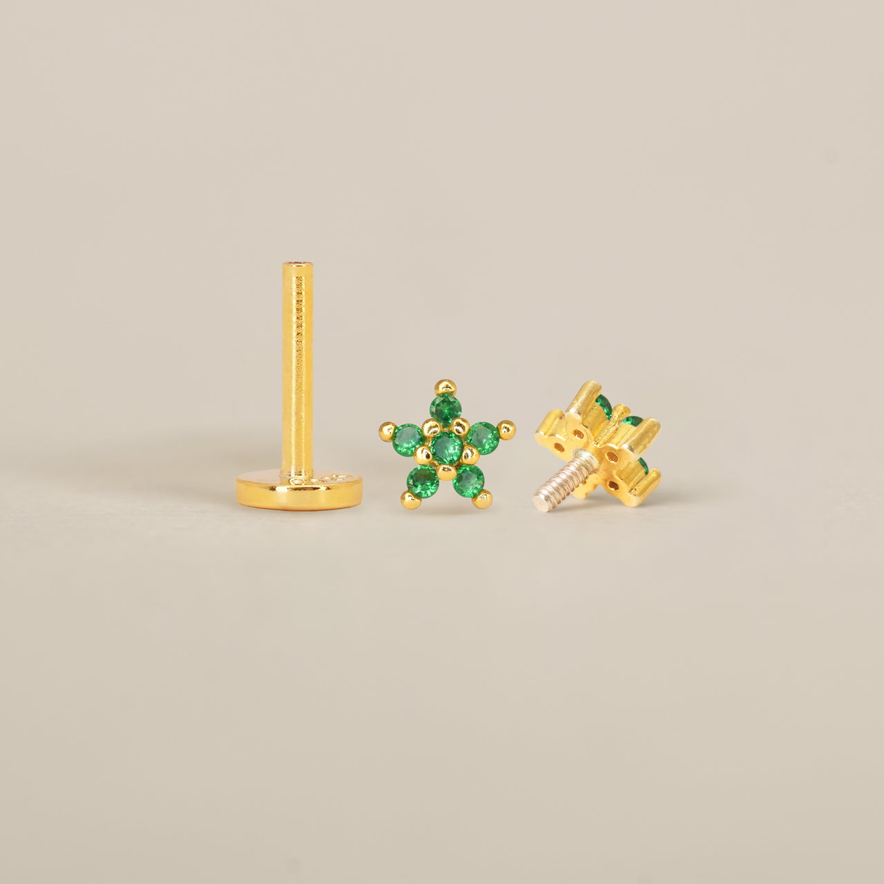 Emerald 5 Petal Flower Flat Back Labret